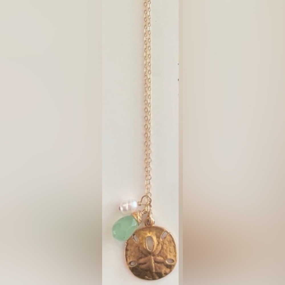 14K Plated Gold Starfish Necklace, Green Stone and Fresh Water Pearl, 10”